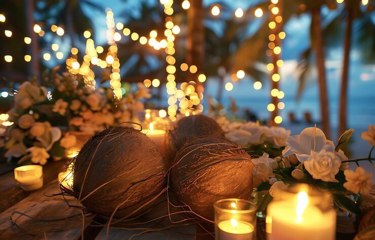 Coconuts and candles with warm fairy lights in a cozy outdoor setting.