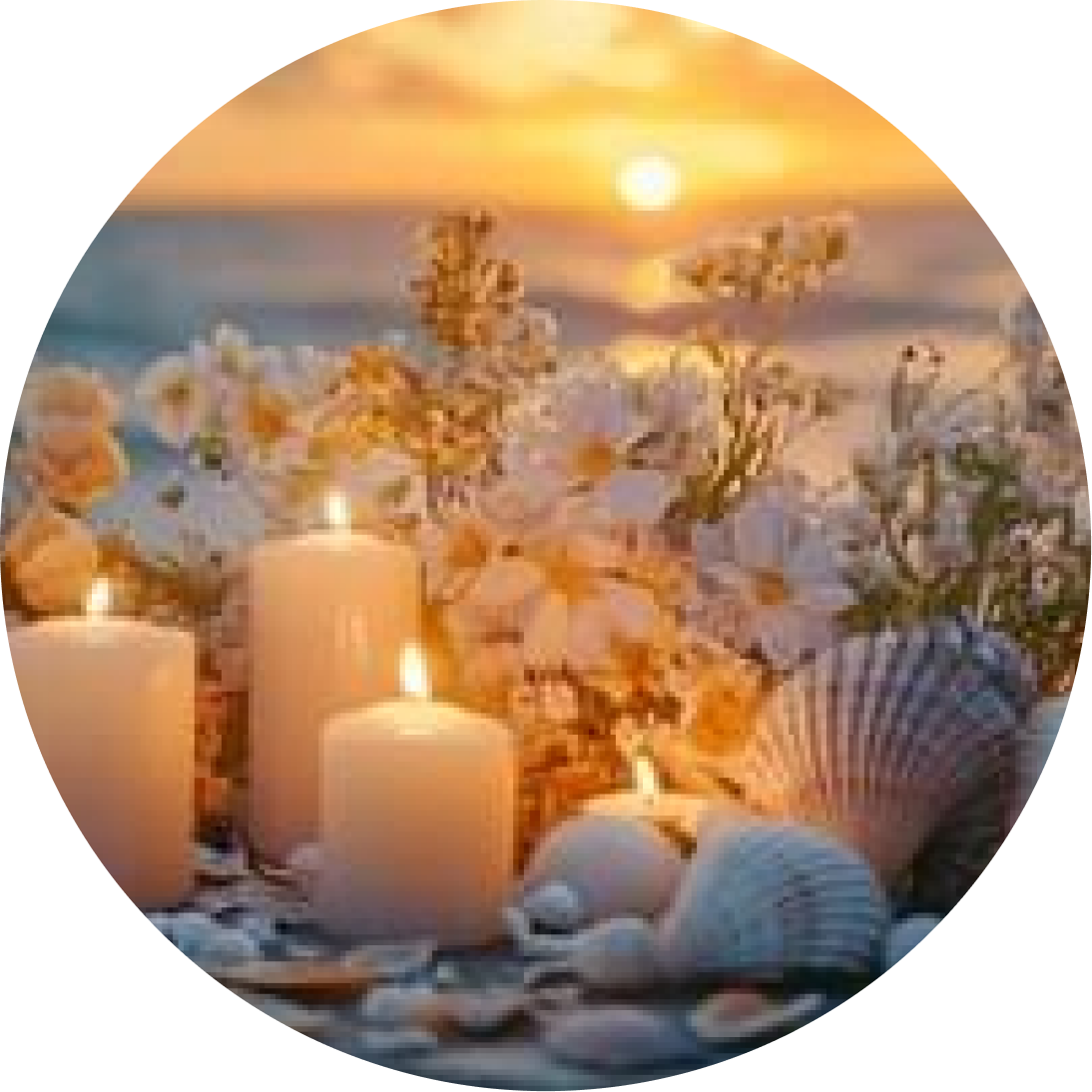 Candles and seashells glowing at sunset by the sea.