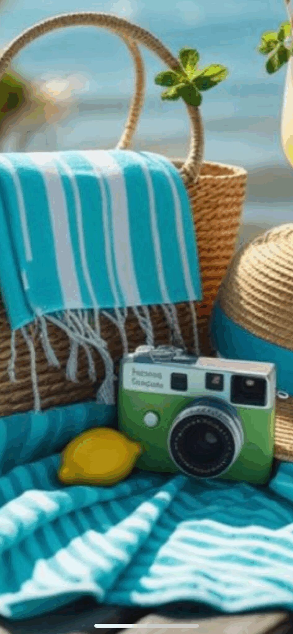 A vintage camera with a blue striped towel and wicker basket.