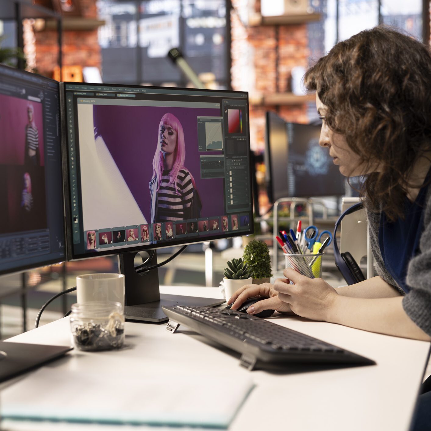 Person editing digital art on dual monitors at a desk.