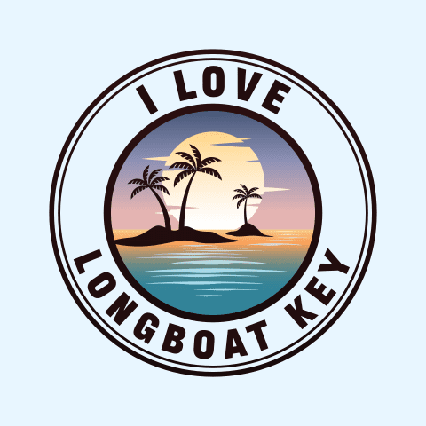 A circular logo with a tropical sunset and palm trees, labeled 'I Love Longboat Key'.