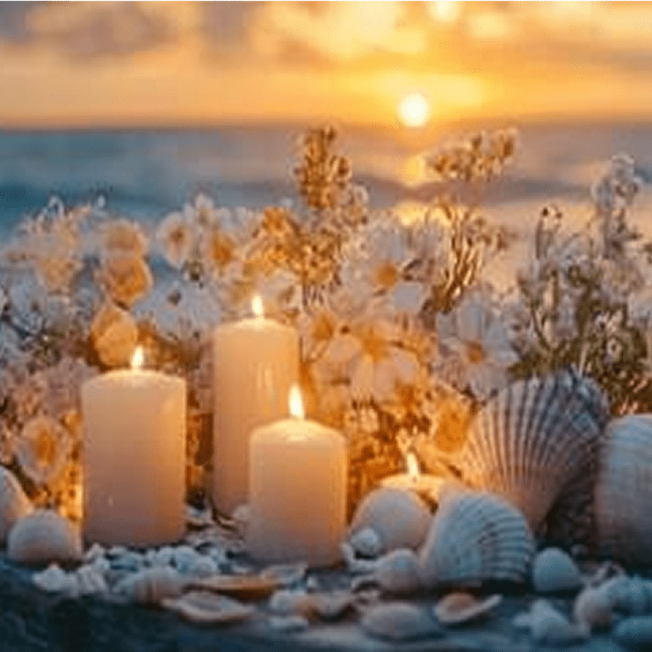 Candles glowing warmly among seashells and flowers at sunset.